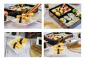 Set of variety sushi, Tamagoyaki, crabsticks sushi and maki in bento box served with soy sauce and wasabi. Delicious japanese food Royalty Free Stock Photo