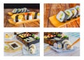 Set of variety sushi, Tamagoyaki, crabsticks sushi and maki in bento box served with soy sauce and wasabi. Delicious japanese food Royalty Free Stock Photo