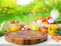 Set of variety vegetable with copy space of chopping board on garden