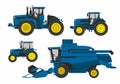 Set of various agricultural machinery. Tractors, harvester