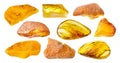 Set of various amber gem stones cutout on white