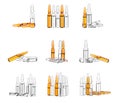 Set of various ampoules. Group of light and yellow ampoules isolated on white background Royalty Free Stock Photo