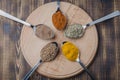 Set of various aromatic colorful spices in spoons on a wooden round support. Top view