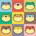 Set of various avatars of frog facial expressions. Adorable cute baby animal head vector illustration. Royalty Free Stock Photo