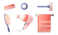 Set of various bathroom accessories hairdryer, hairbrush, dental floss, razor, towel. Vector illustration in a flat Royalty Free Stock Photo