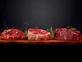 Set of various beef and veal raw steak meat on wooden cutting board on dark wooden table. Chateau mignon, striploin, tenderloin, Royalty Free Stock Photo