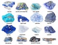 Set of various blue raw stones with names Royalty Free Stock Photo