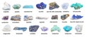 Set of various blue unpolished rocks with names