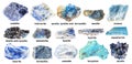 Set of various blue unpolished stones with names Royalty Free Stock Photo