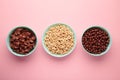 Set of various breakfast cereals on pink background Royalty Free Stock Photo