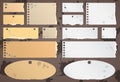 Set of various brown, gray torn note papers with