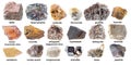 Set of various brown raw minerals with names