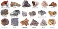 Set of various brown unpolished rocks with names Royalty Free Stock Photo