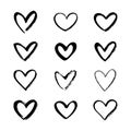 Set of various brush, chalk, marker drawn line heart shapes,