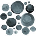 Set of various brush drawn circles. Modern background with grey and black bubbles painted in watercolor. Abstract monochrome patte