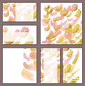 Set of various business cards, cutaways - abstract golden and pink watercolor hand-painted background, brush`s texture