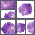 Set of various business cards, cutaways templates - minimalistic watercolor bright purple smear with drip and stain