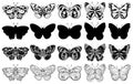 Set of various butterflies forms, silhouettes, ornate icons. Black and white. Royalty Free Stock Photo