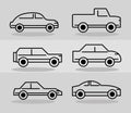 Set of various cars side view transport vehicle, line icons on gray background