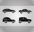 Set of various cars side view transport vehicle, silhouette icons on gray background