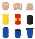 Flat vector set of various barrels. Wooden containers for beer or wine, plastic water tanks, metal drum with crude oil