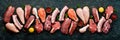 Set of various classic, alternative raw meat, veal beef steaks, pork, chicken fillet, fish, salmon steak. Royalty Free Stock Photo