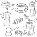 Set with various coffee drinks and coffee makers Royalty Free Stock Photo
