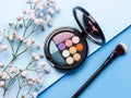 Set of various color eyeshadows for makeup with makeup brush and small white flowers. blue background