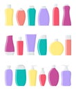 Set of various color flat cosmetic bottles. Cream, shampoo, gel, spray, tube and soap. Skin and body care, toiletres. Products for Royalty Free Stock Photo