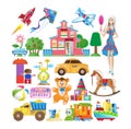Set of various colorful children`s toys. Educational and sports games. Royalty Free Stock Photo