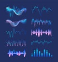 Set of various colorful sound music waves, audio or acoustic electronic signals isolated on dark background. Bundle of