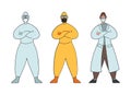 Set of various contour cartoon infectious disease doctors. Viral suits of protection. Modern heroes. Vector people