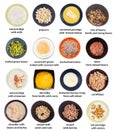 Set of various cooked grains in bowls with names