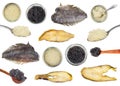 Set of various cooked and raw halibut and roe Royalty Free Stock Photo