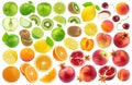 Set of various cut fruits isolated on white background. Color gradient pattern