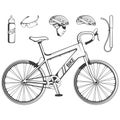 Set of various cycling elements. Cyclist on a bicycle. Sports bike. Bicycle helmet. Man riding a bike.