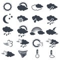 Set of various dark grey weather symbols, elements of forecast - icon of sun, cloud, rain, moon, snow, wind, whirlwind, rainbow Royalty Free Stock Photo