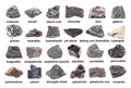 Set of various dark unpolished rocks with names