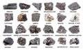 Set of various dark unpolished stones isolated on
