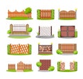 Set of various decorative wooden, metal and stone fences. Royalty Free Stock Photo