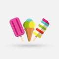 Set of various delicious ice cream including lolly ice, cones with different topping and fruit ice. Vector illustration of healthy Royalty Free Stock Photo