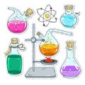 Set of various devices for chemical experiments, multicolored jars and flasks