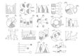 Set of various diagrams, graphs of growth and development with percents and schematic arrows. Hand drawn vector