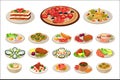 Set of various dishes on plates. Tasty food. Traditional breakfast. European lunch. Flat vector design for promo poster