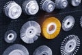 Set of various disk brushes. Round brushes with metal pile or bristles for processing materials. industrial tools for metal workin Royalty Free Stock Photo