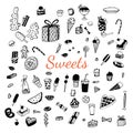 Set of various doodles, hand drawn rough simple sweets. Royalty Free Stock Photo