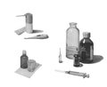 Set of various drugs isolated on white. Black and white pencil drawing.