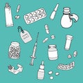 Set of various drugs and medical products: pills, jar with medicines, syringe and tube of ointment - vector illustration Royalty Free Stock Photo