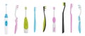 Flat vector set of electric and manual toothbrushes. Oral hygiene instruments. Health and teeth care theme