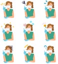 Set of various expressions of illustration of a woman with a ponytail wearing a mask.